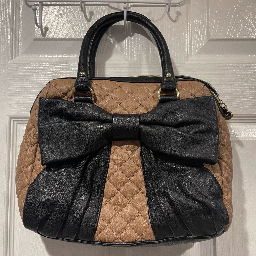 Betsey Johnson Brown Black Quilted Bow Shoulder Bag